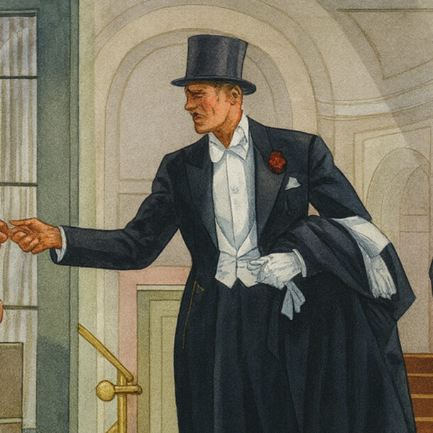 Illustration of a man in formal white tie attire handing a ticket to a doorman, symbolizing traditional dress codes in formal social settings
