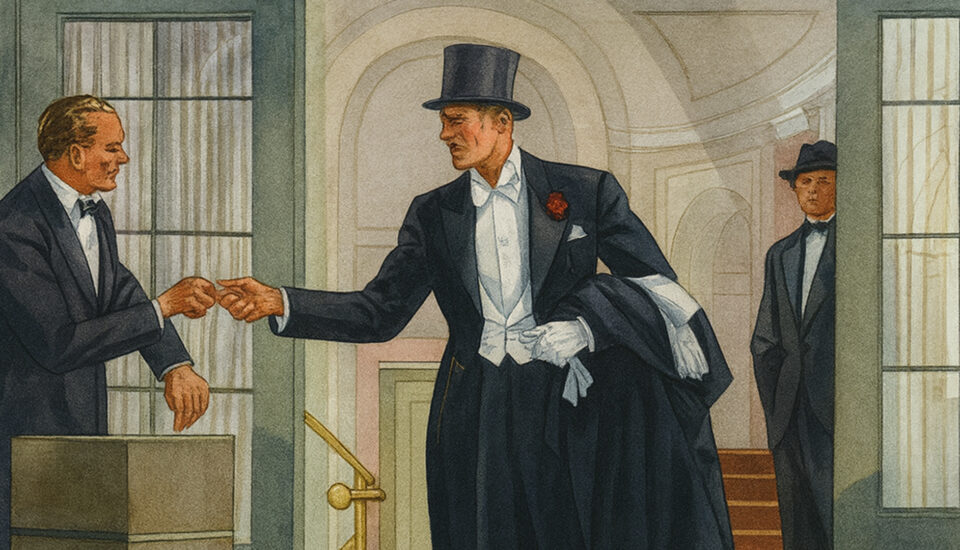 Illustration of a man in formal white tie attire handing a ticket to a doorman, symbolizing traditional dress codes in formal social settings