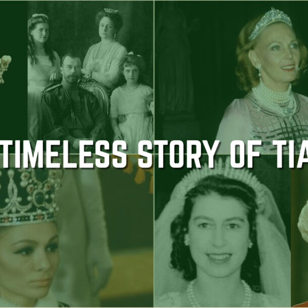 Collage of historical tiara wearers, including Queen Elizabeth II and royal figures, showcasing the evolution and symbolism of tiaras through time.