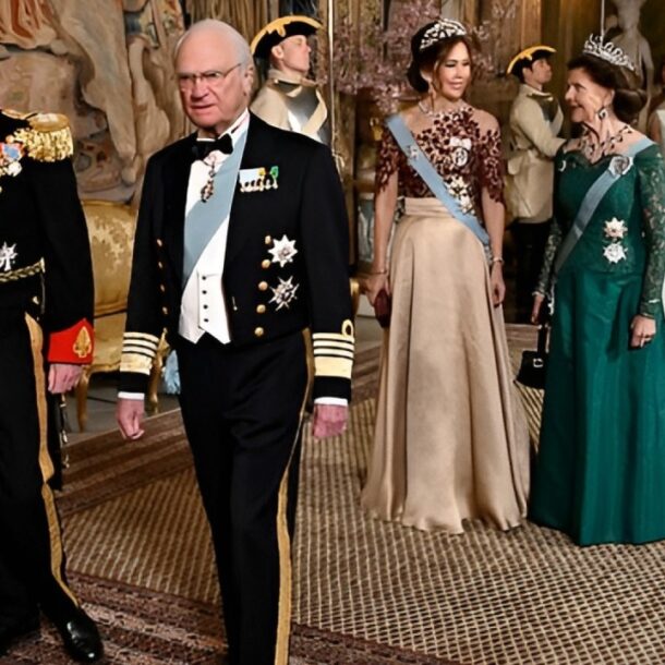 Royal reception hall with dignitaries in formal attire arranged by order of precedence, highlighting the elegance and protocol of a ceremonial event.