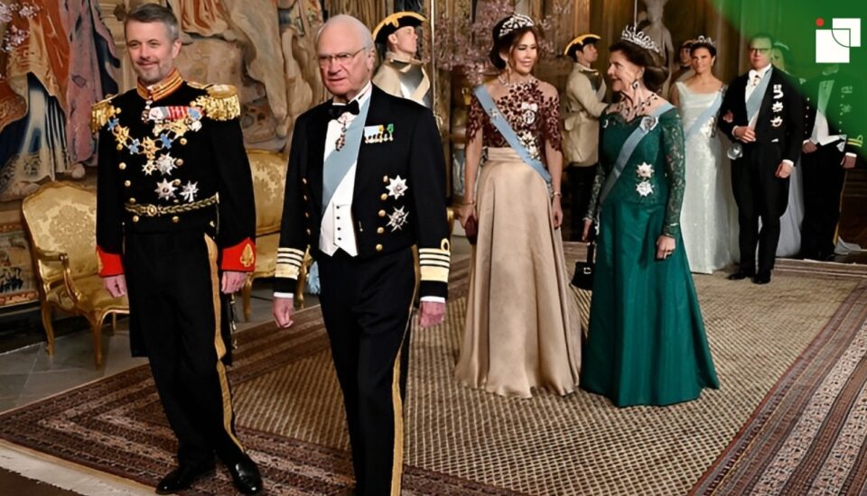 Royal reception hall with dignitaries in formal attire arranged by order of precedence, highlighting the elegance and protocol of a ceremonial event.