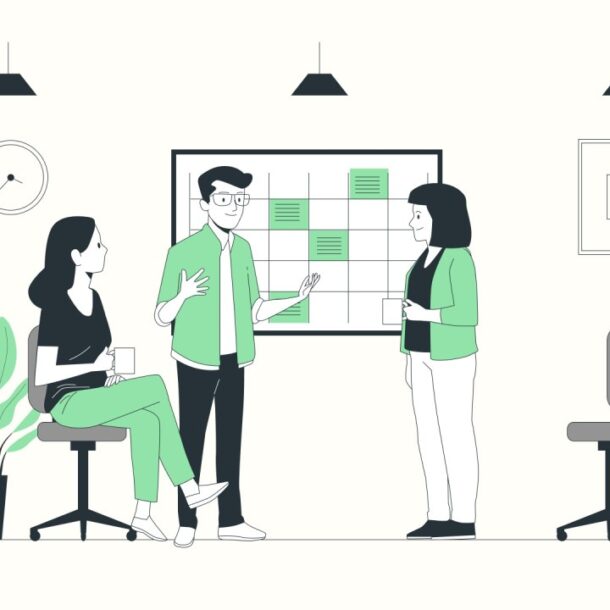 Minimalist illustration of three people in a casual office setting, exchanging introductions in front of a scheduling board, representing professional networking and modern etiquette.