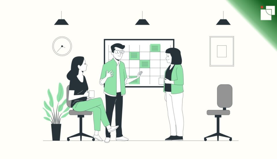 Minimalist illustration of three people in a casual office setting, exchanging introductions in front of a scheduling board, representing professional networking and modern etiquette.
