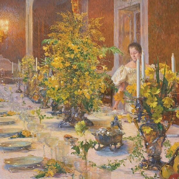 A painting of a grand formal dining room with an elegant long table set with ornate floral centerpieces, fine china, and silverware, showcasing the opulence of traditional French dining (Service à la Française).