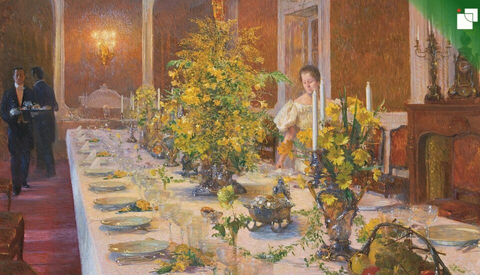 A painting of a grand formal dining room with an elegant long table set with ornate floral centerpieces, fine china, and silverware, showcasing the opulence of traditional French dining (Service à la Française).
