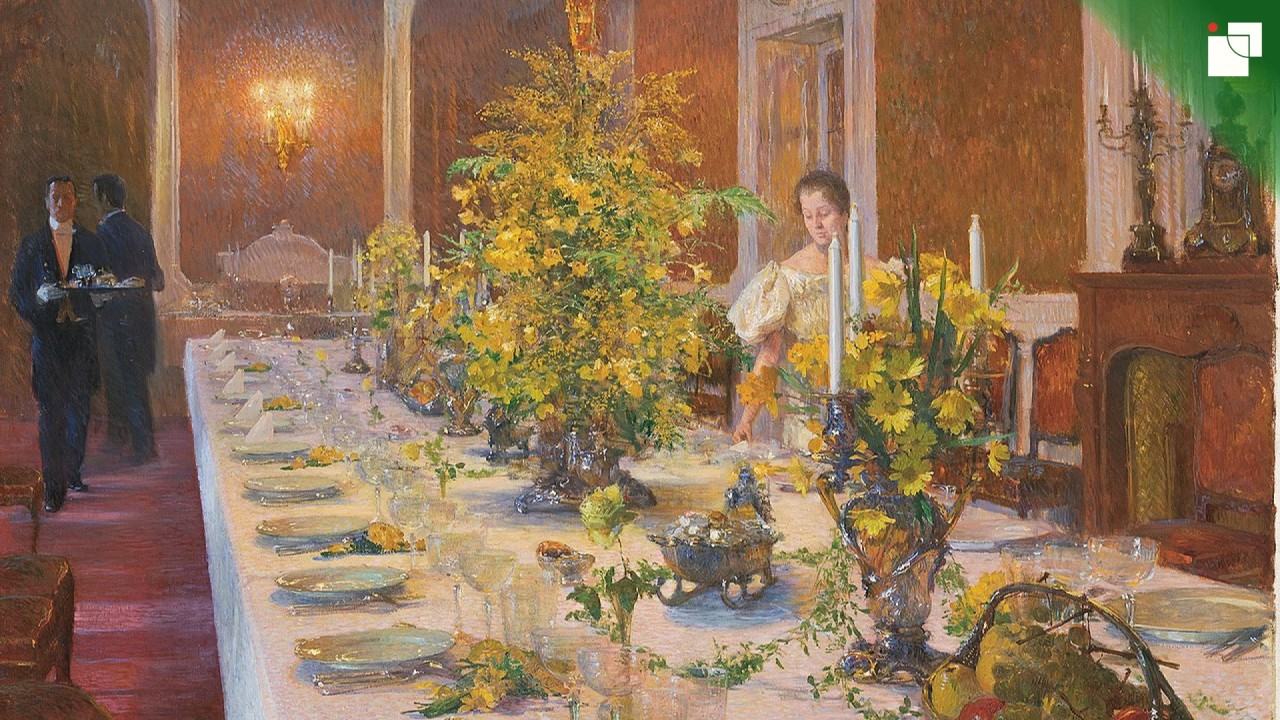 A painting of a grand formal dining room with an elegant long table set with ornate floral centerpieces, fine china, and silverware, showcasing the opulence of traditional French dining (Service à la Française).