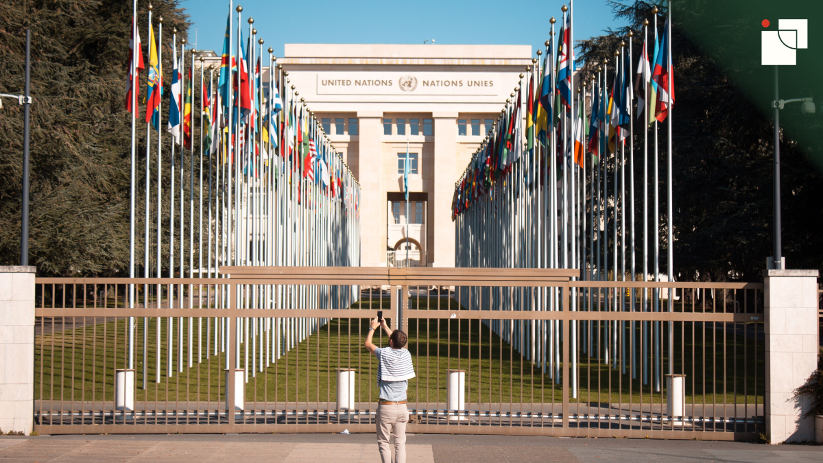 National flags displayed at an international event venue