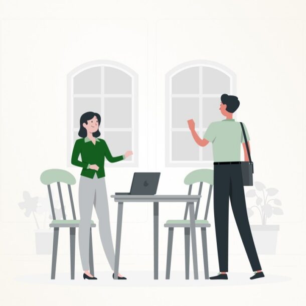 Two colleagues greeting each other in a professional workplace