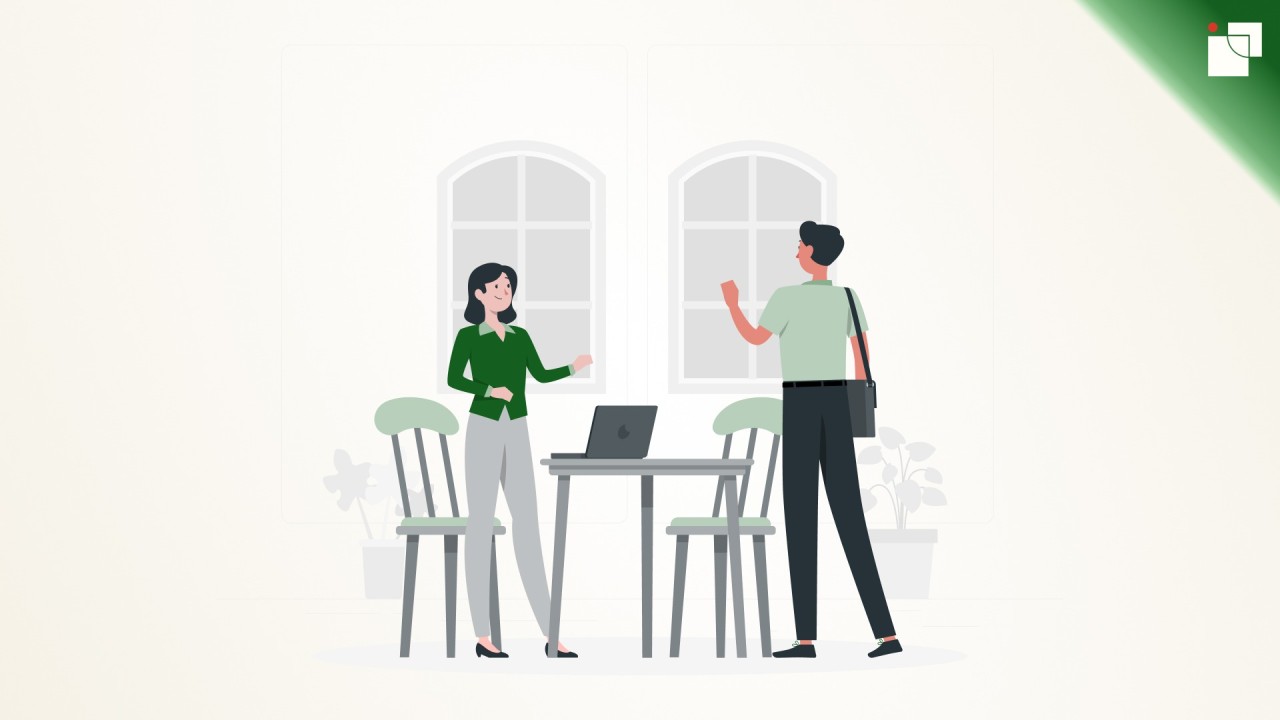 Two colleagues greeting each other in a professional workplace